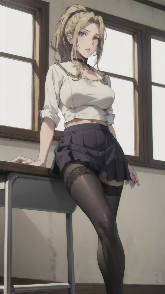 ((Correct Anatomy)),(Female student),((school uniform)),((Sailor suit)),((White lace panties)),(Mini Pleated Skirt),(((black tights))),(S Ultra High Resolution,Mature Woman, Mature Woman, Very detailed,Sunburned skin,Brown Skin,((Beautiful feet)),(Big Breasts),((Beautiful legs)),Perfect hands, Detailed fingers, Beautiful details, ((Long blonde hair)),((ponytail)),Black Choker, Earrings,loafers,Embarrassing,Perfect Eyes, Captivating eyes,(School)