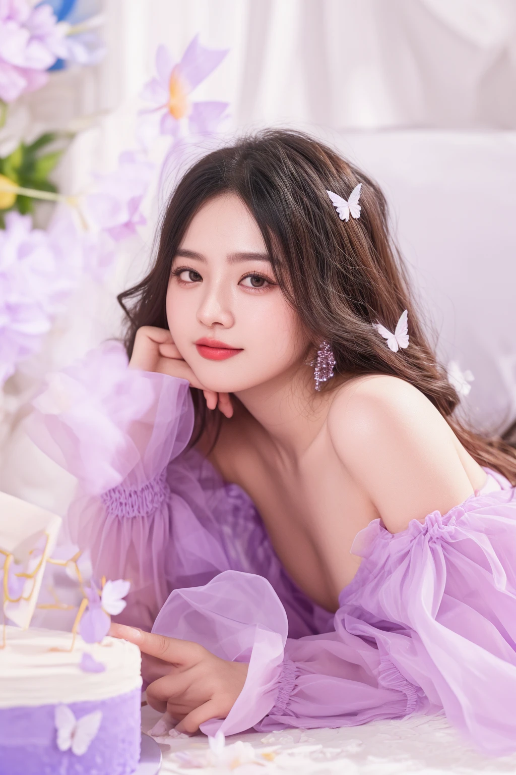 araffe woman in a purple dress laying on a bed with a cake, sakimichan, captured on canon eos r 6, 中 元 节, xintong chen, portrait shot, chiho, soft portrait shot 8 k, aesthetic cute with flutter, ethereal beauty, chinese girl, trending on cgstation, chengyou liu