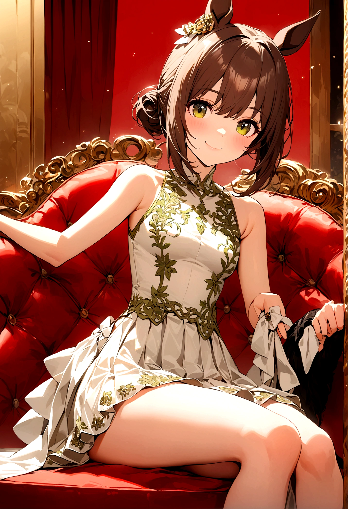 (((Horse Girl))), (((Fine Motion))), Thighs, sitting on a luxurious red sofa, (((Panties are slightly visible))), smile, Dress like a young lady, (((Sexy panties with green embroidery))), High resolution, Knees up,