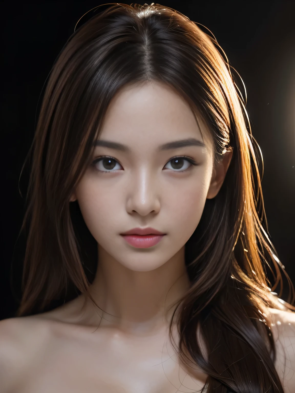 (best quality,4k,8k,highres,masterpiece:1.2), ultra-detailed, (realistic,photorealistic,photo-realistic:1.37), (female portrait), (face close-up), Japanese idol, beautiful detailed eyes, beautiful detailed lips, extremely detailed eyes and face, long eyelashes, brown hair, long hair, brown eyes, naked, nude, detailed lighting, HDR, UHD, studio lighting, ultra-fine painting, sharp focus, physically-based rendering, professional, ((Dark background)), modern, contemporary, color grading, soft lighting,