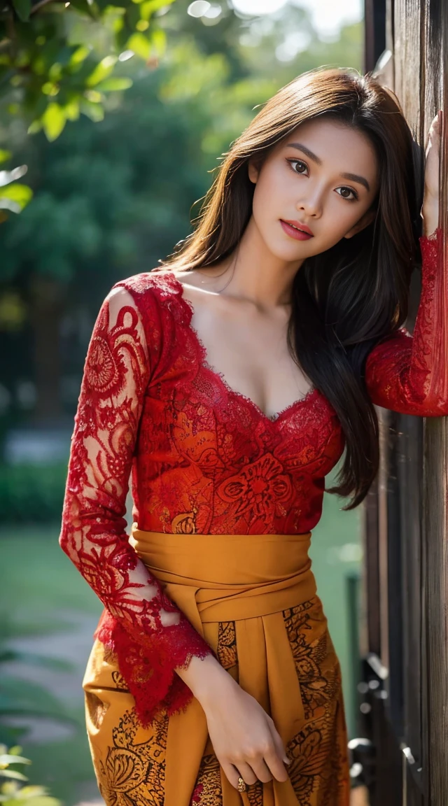 1 Indonesian-Dutch girl, 20 years old, long fashion hair, fit body, small cleavage, skintight red lace kebaya transparan, batik skirt, masterpiece, highly detailed, ultra hd, 8k, detailed face, bright eyes, perfect eyes, detailed skin texture, detailed lips, sexy lips, perfect hands, dynamic angle, cowboy shot, NSFW nudity, big breach
