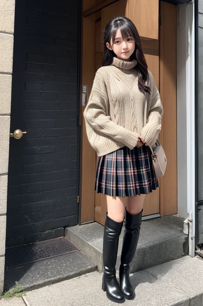 15 years old　Japanese　girl　Check Pleated Skirt　　Black tartan neck sweater　Knee-high boots