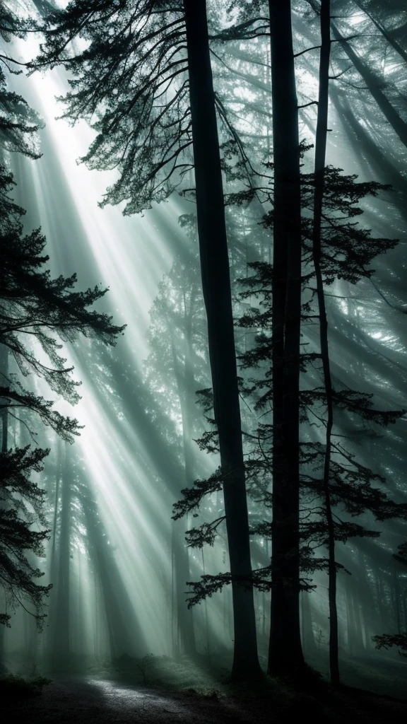 A dark, mystical forest with tall, ancient trees shrouded in mist. The scene is eerie and mysterious, with rays of sunlight piercing through the fog. In the background, there are faint silhouettes of wild animals. The atmosphere is quiet and filled with suspense.