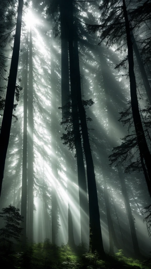 A dark, mystical forest with tall, ancient trees shrouded in mist. The scene is eerie and mysterious, with rays of sunlight piercing through the fog. In the background, there are faint silhouettes of wild animals. The atmosphere is quiet and filled with suspense.