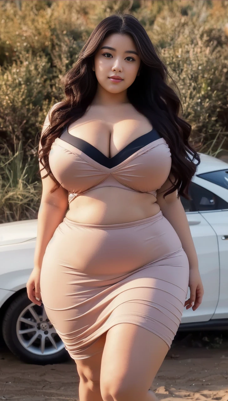 ((best quality)), ((masterpiece)), (detailed), perfect face, araffeTight skirtsShort , thicc, wavy short hair, she has a jiggly fat round belly, bbwchan, wearing tight simple clothes, skinny waist and thick , widest , her belly is fat and round, soft curvy shape, hyperrealistic full figure, wearing a cute top, wide , Blue swimsuit,On the beach by the seaBlue