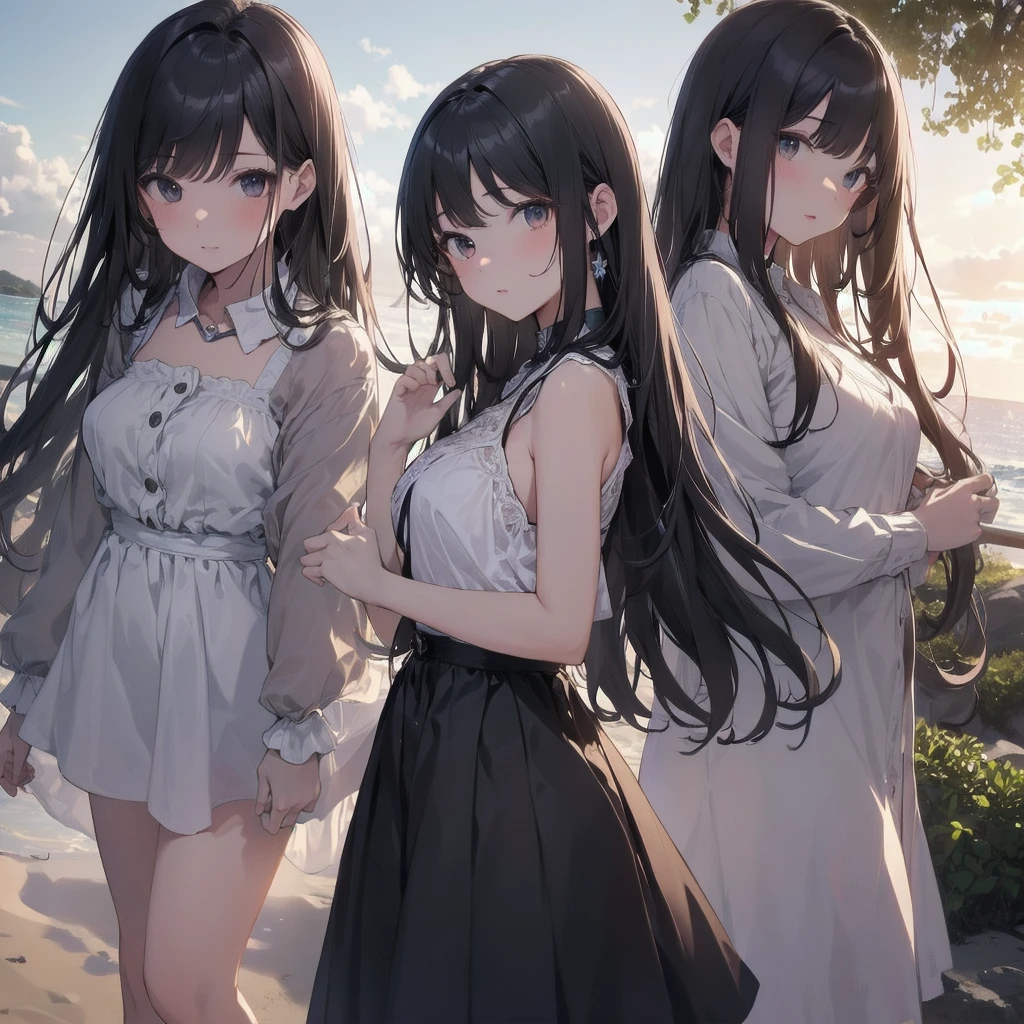 (Highest quality、masterpiece、High resolution、8k)、Vibrant colors、1 female、Long black hair、whole body、barefoot、thin、(Detailed face、Beautiful Eyes、Beautiful Nose、Pretty lips)、A woman in a white dress jumps high、Official Art、The background is the sea、blue sky、Wide sandy beach、Wide forest、