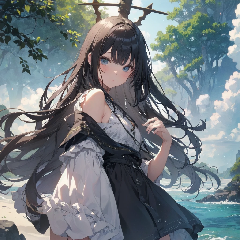 (Highest quality、masterpiece、High resolution、8K)、Vibrant colors、1 female、Long black hair、whole body、barefoot、thin、(Detailed face、Beautiful Eyes、Beautiful Nose、Pretty lips)、A woman in a white dress jumps high、Official Art、The background is the sea、blue sky、Wide sandy beach、Wide forest、