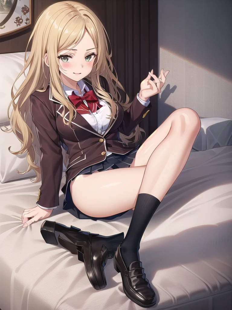 ((masterpiece)),(nude body),official art,extremely delicate and beautiful,extremely detailed CG,unity 8k wallpaper,ultra detailed,beautiful detailed eyes,extremely detailed face,on the bed,1girl,solo,full body,(portrait:1.5),looking at viewer,facing viewer,smile,Kuhouin Arisa,long wavy blond hair,sleep position,lure,Spread your legs and wait.,sidelocks,parted bangs,brown eyes,female underwear,blazer,wing collar,red bowtie,whi,long sleeves,large breasts,buttons,miniskirt,black thighhighs,loafers,black footwear,Big breasts,nude,Get naked,see breasts,obscene,fullbody