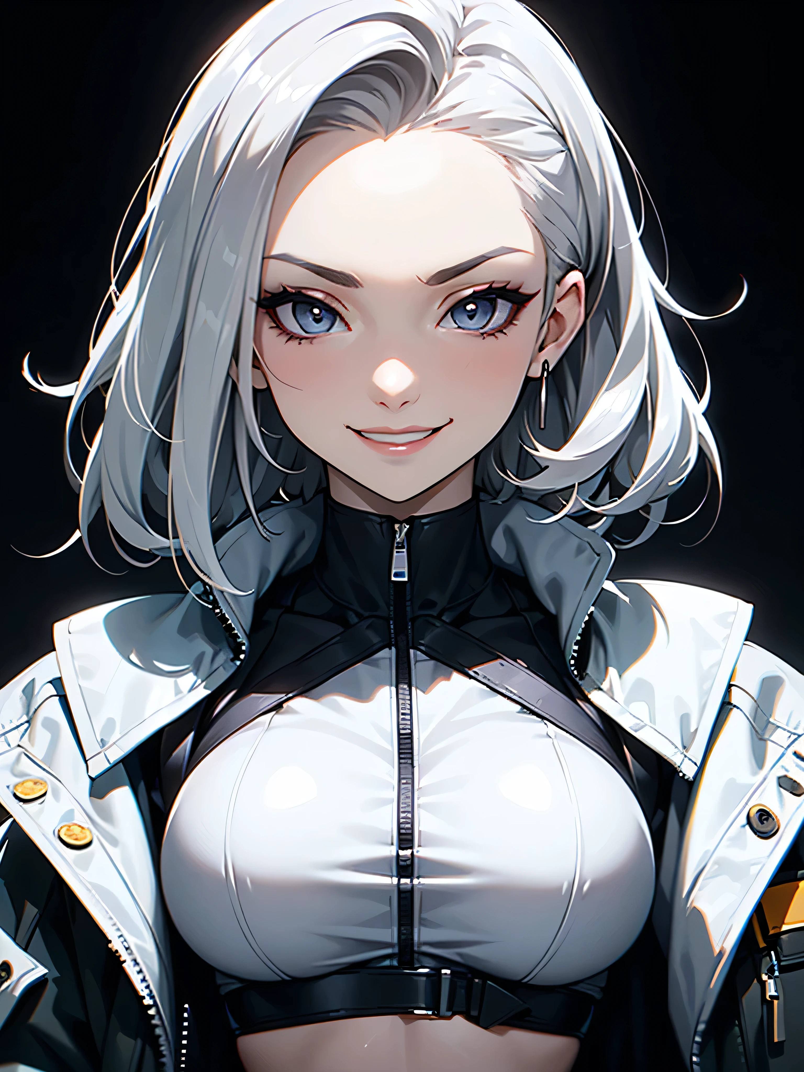 ((Portrait Photo)), She has a Mischievous and Youthful Appearance, with a Slender Build, Pale Skin and a Huge Breasts. She Expresses a Cheerful and Energetic Look, Giving Off a Smug and Lively Attitude. She has Light Gray Eyes, and Her Hair is Long, Silvery-White, and Tousled, with Bare Forehead. She Wears an Oversized, Open Bomber-Style Jacket, with a White Top, Revealing Her Midriff. ((Portrait Photo, HDR, Dark Background))