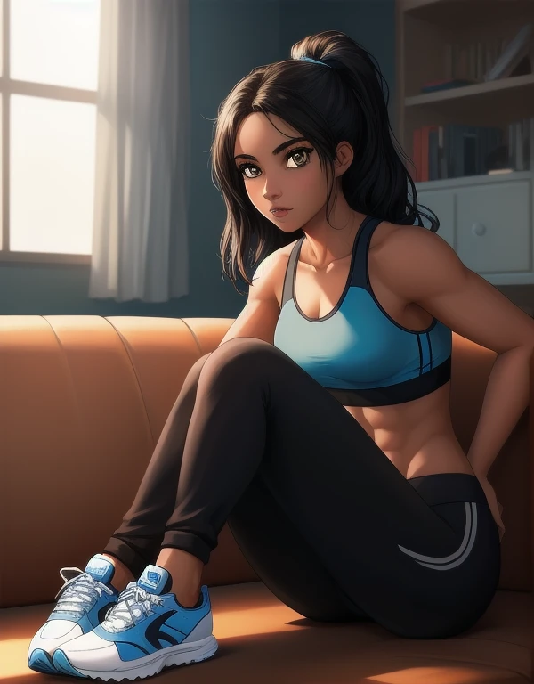 ((Masterpiece)), ((Best Quality)), (Detailed face:1.2), (Detailed eyes:1.2), (Detailed pupils:1.2), Ultra High Resolution, HDR, absurderes, 8K, intricate details, ultra-detailed, dramatic lighting, (solo, 1 girl:1.02), 16 years old girl, Teenage female, African-American female, dark skin, long black hair, (brown eyes:1.2), (Wearing: blue sports bra, blue yoga pants, grey jogging shoes:1.2), (Athletic figure:1.2), gorgeous girl, gorgeous body, sitting on couch, living room background, full body portrait,