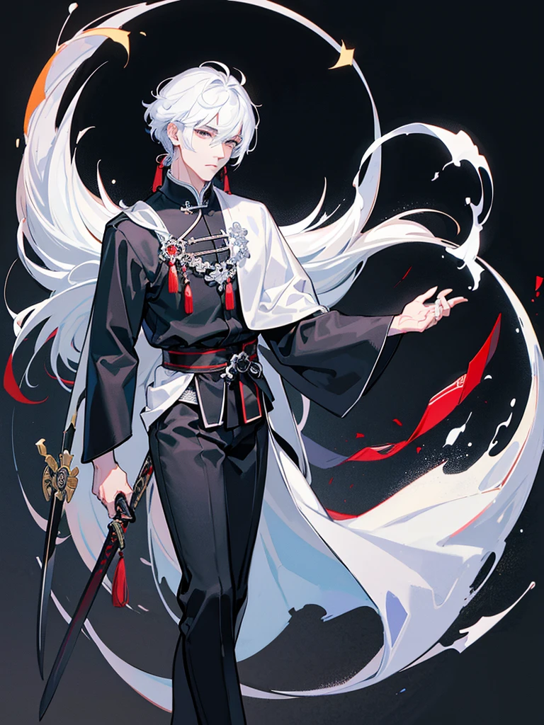 The men wear black and white robes with traditional Chinese designs. , handsome , cool , holding a sword , black eyes , white hair , Dark theme , nighttime , alone , half body