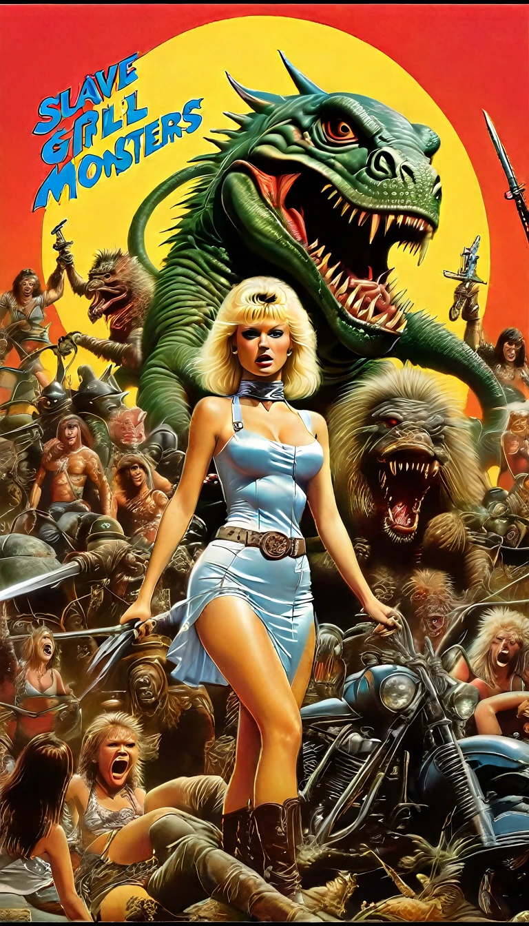 arafed image of a woman holding a gun and a man with a gun, retrofuturistic science fantasy, doom monster, golden age, extraterrestrials reach for him, masterful composition!!!, youtube thumbnail, greatest art ever made, epic propaganda poster, irradiated humans, hot reptile humanoid woman, sepia colors, blonde women, insanely compelling --auto --s2