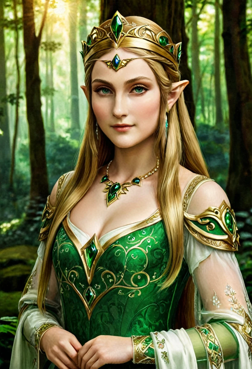 a masterful best quality, award winning masterpiece, portrait done by Leonardo De Vinci of Princess Zelda, ((anatomically correct: 1.5)), wearing intricate glamour green and white elven dress, elven forest background background, Ultra-high resolution, High Contrast, (masterpiece:1.5), highest quality, Best aesthetics), best details, best quality, highres, 16k, [ultra detailed], masterpiece, best quality, (extremely detailed), chumbasket art style, dvnc, evening dress