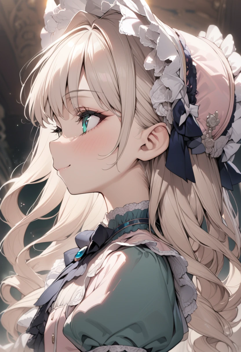 Platinum Blonde hair,sidecurls,curls,emerald green eyes,long eyelashes,(light pink victorian dress),puffy short sleeves,frilled dress,frilly wide brimmed Bonnet with bows,bustshot,masterpiece,highress,soft smile,bishoujo,peterpan collar,profile,white accents,white trim,