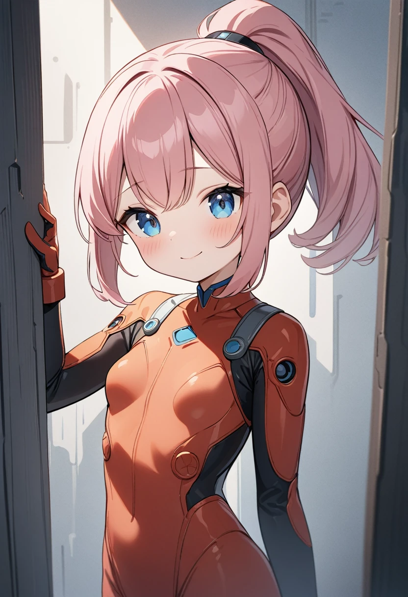 (masterpiece, top quality, very aesthetic, 4k、illustration), intricate detail, 1girl,Standing in front of a wall、(cowboy shot)、light smile、()、animated painting
Cute 、pink hair、ponytail,middle hair,sidelock ,,blue eyes、pilot suit、small breasts,Slim 、