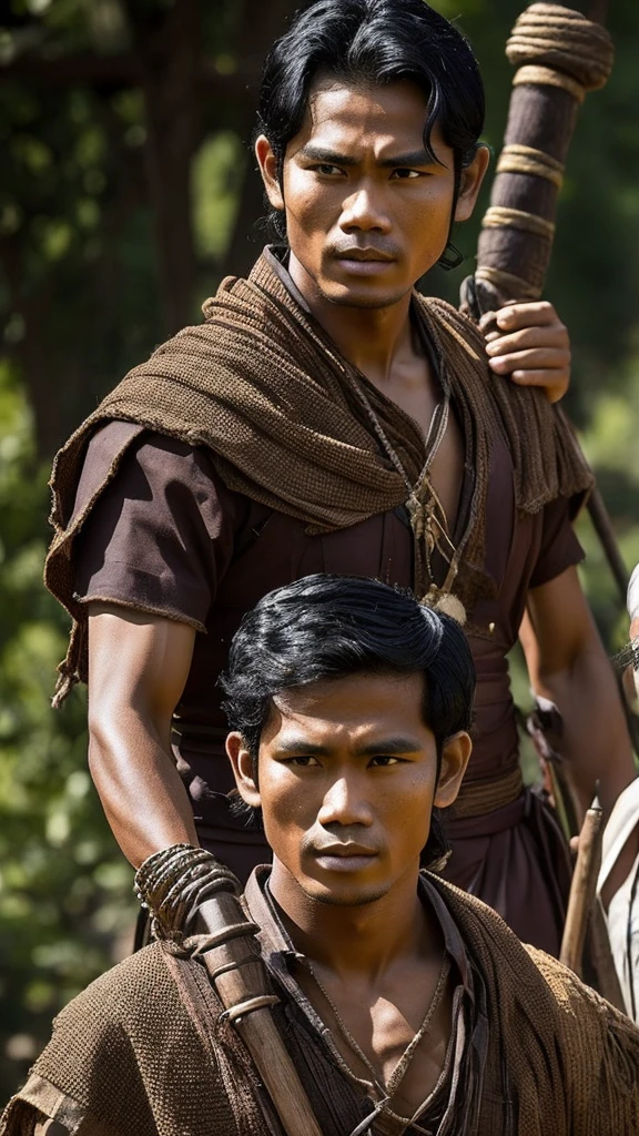 A strong, young Indonesian man named Barda Mandrawata with wavy black hair tied halfway. He has dark brown eyes filled with enthusiasm and tan skin with a small scar on his left cheek, adding character. Before he is blind, he wears modern traditional clothing such as batik with neutral-colored trousers and a necklace with a wooden pen-shaped pendant. The background is a peaceful village scene with his family. Transition to Barda with a bandage over his eyes, wearing rugged, battle-worn clothing, and holding a wooden staff, with a fierce look of determination.