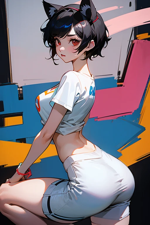 1980s,pop style,artistic,Cat headband,ass pov,dynamic angle, masterpiece,best quality, dsuper fine illustration, super detailed, dynamic angle,8K,detailed background,in live stage, BREAK a female is dancing. She is wearing a white T-shirt with a graffiti art-style cat illustration.Black Hair,Short Hair,red eyes,black hair,(lora:0.5),(full face brasched:1.3)