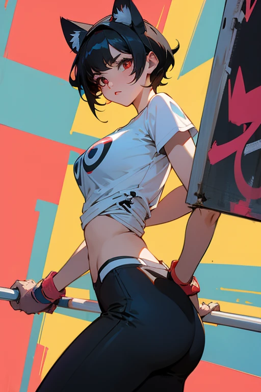 1980s,pop style,artistic,Cat headband,ass pov,dynamic angle, masterpiece,best quality, dsuper fine illustration, super detailed, dynamic angle,8K,detailed background,in live stage, BREAK a female is dancing. She is wearing a white T-shirt with a graffiti art-style cat illustration.Black Hair,Short Hair,red eyes,black hair,(lora:0.5),(full face brasched:1.3)