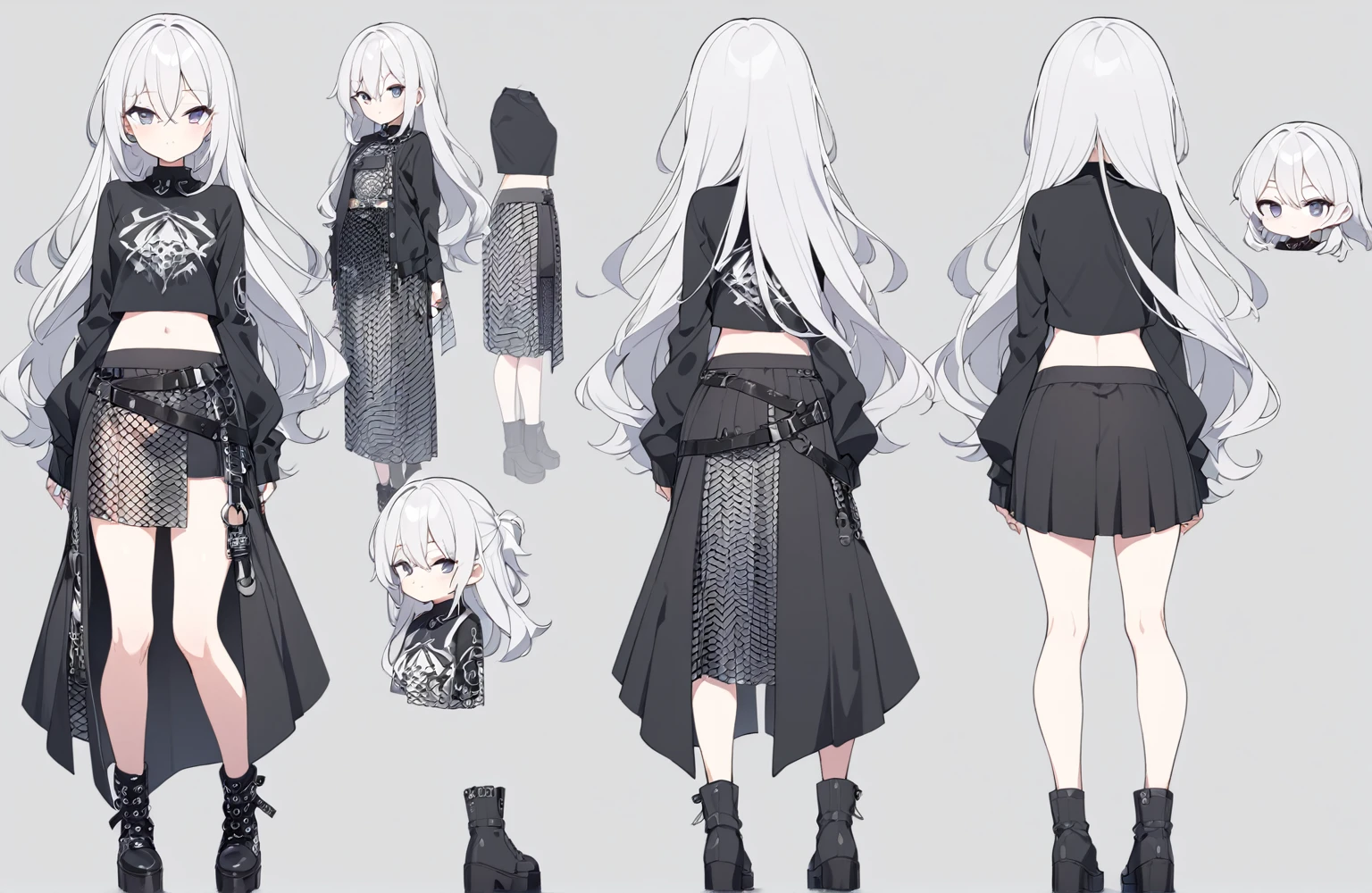 1 girl 150 cm tall. long silver hair, Small face, Full body diagram, metal rock clothing maxi skirt black