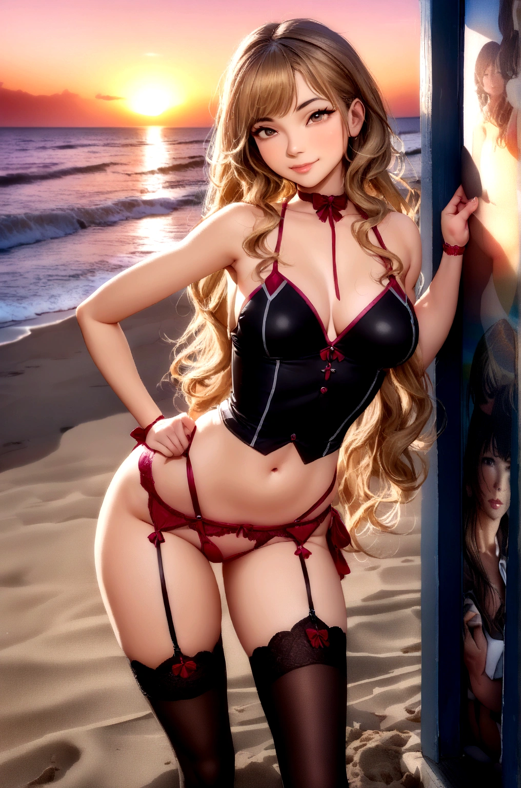 very late golden hour lighting, (((she is posing outside on the beach with very beautiful very colorful very vibrant wonderful sunset))), perfect composition, Very beautiful very detailed portrait, very real photo, hyper realism, 8K HDR, 20 year old very innocent short 5 foot 2 inch tall supermodel Beth, ((the woman has very small tiny A-cup pointed breasts, non-nude)), (very sexy very beautiful very long flowing very wavy gorgeous blonde hair), the perfect day, shy little teasing very flirty smile, ((very small tiny perfect cleavage)), very detailed expensive stockings, very sexy garter belt and straps, very extremely sexy seductive pose, bright daytime scene, perfect composition, Very beautiful portrait, real photo, 22 year old very innocent supermodel, (little tight high fashion expensive highly detailed very expensive (((wearing a sexy Catholic school girl outfit)))) , beautiful long flowing blonde hair, the perfect day, shy little teasing flirty smile, garters, stockings, bending over, front or side or rear view, no panties riding her man's cock