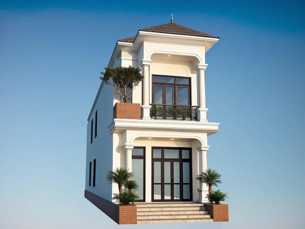 PLATFORM KTHOUSE, neoclassical villa, the main materials of the villa are white walls: 1.2 and stone: 1.2, large paved yard, 1 track in front of the house, (fence around the house), (RAW photo, real, best quality, masterpiece:1.2), neoclassical style, blue sky:1.3, (super realistic, actual photo:1.2), high quality, (dawn light:1.3), light perfect, Archdaily