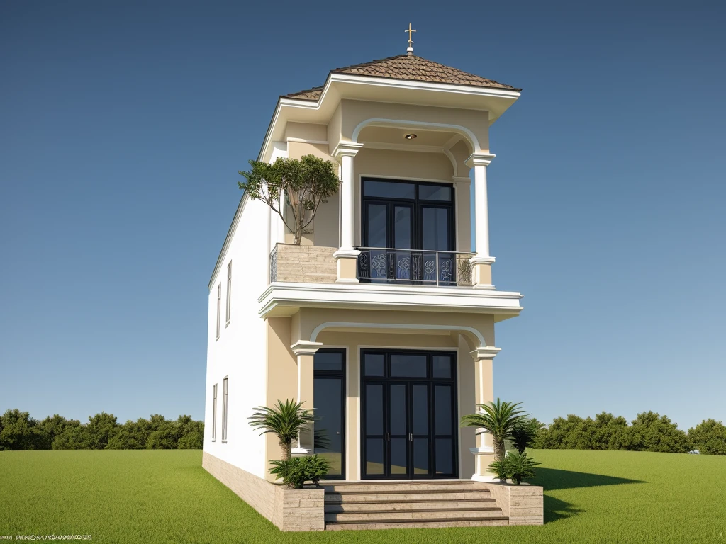 PLATFORM KTHOUSE, neoclassical villa, the main materials of the villa are white walls: 1.2 and stone: 1.2, large paved yard, 1 track in front of the house, (fence around the house), (RAW photo, real, best quality, masterpiece:1.2), neoclassical style, blue sky:1.3, (super realistic, actual photo:1.2), high quality, (dawn light:1.3), light perfect, Archdaily