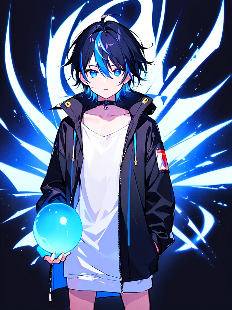 [(BLACK BACKGROUND:1.5),::5], ((((masterpiece)))), high quality, ultra very high resolution, full color, (((solo))), ((little boy)), BLACK hair, (Blue streaked hair), (oriental deepblue eyes), anime, ((upper body)), Summer clothes, neon light, black parka, (negative effect:1.3)
