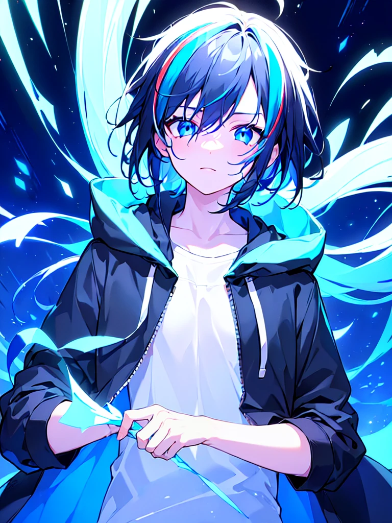 [(BLACK BACKGROUND:1.5),::5], ((((masterpiece)))), high quality, ultra very high resolution, full color, (((solo))), ((little boy)), BLACK hair, (Blue streaked hair), (oriental deepblue eyes), anime, ((upper body)), Summer clothes, neon light, black parka, (negative effect:1.3)