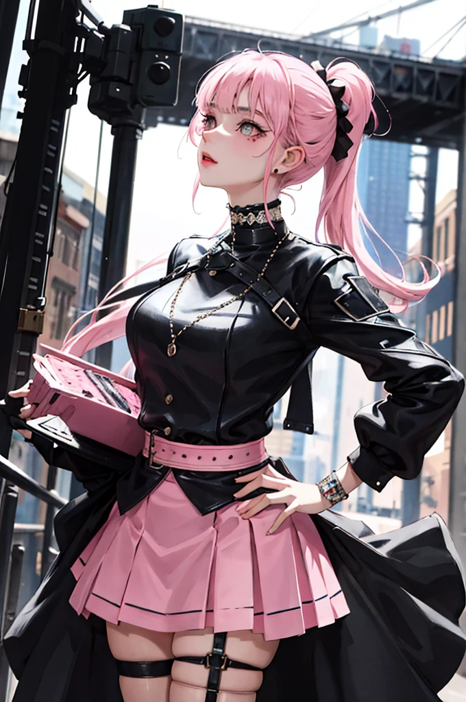 (masuter piece:1.2、top-quality)、(Live action、Intricate details)、(1lady、solo、The upper part of the body、Colossal tits) garments: Edgy、Black jumper、Pink mini skirt、Avant-garde、Experimental appearance: Long pink hair、Dramatic makeup、Unconventional fashion choices behavior: rebel、Runaway Ladies Leader、secretary-general、Black jumper、Pink mini skirt、Anti-system、Provocative Location: urban art district、Underground Music Scene Hobbies: Bad girl、Create mixed media art、Experiment with different subcultures values: individuality、authenticity、Creative Expression Inspiration: Runaway Ladies Leader、secretary-general、Counterculture icons、Nature: boldness、Unconventional。
