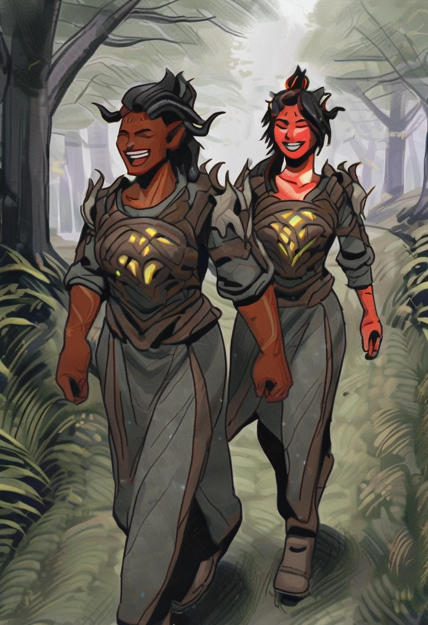 2girls, Karlach, red skin, horns, glowing chest, walking together, outdoors, , happy, relaxed, Shadowheart, black hair, high ponytail, breastplate