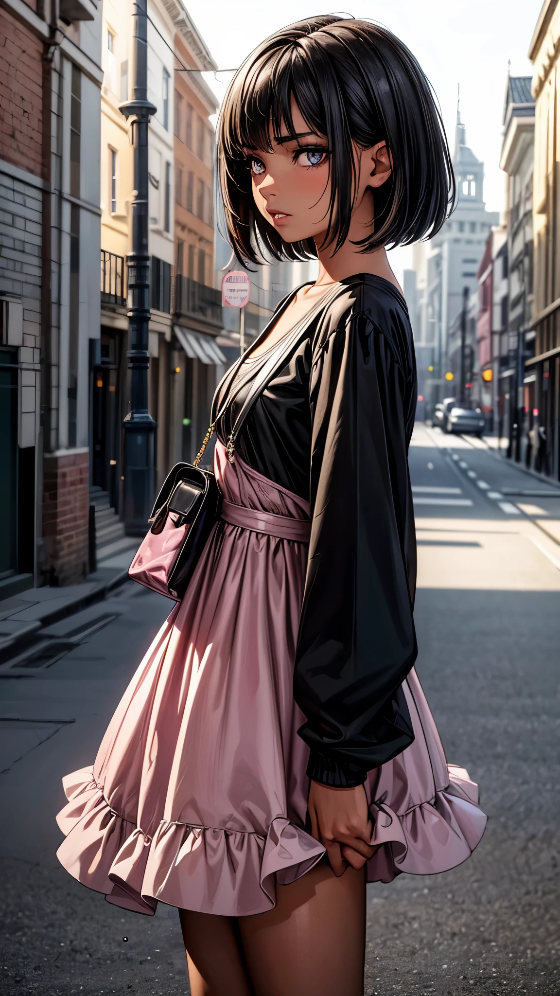 (from side2.0),beautiful detailed eyes, beautiful detailed lips, extremely detailed eyes and face, longeyelashes, 1 woman,face close up, outside the countryside,, sweat, (dark skin color),(very short black hair),displeased, sulky, ((casual fashion,casual dress,pink plaids dress,long sleeve)),(sandal),shoulder bag,best quality, 4k, 8k, highres, masterpiece:1.2, ultra-detailed, realistic, photorealistic, photo-realistic:1.37, HDR, UHD, studio lighting, ultra-fine painting, sharp focus, physically-based rendering, extreme detail description, professional, vivid colors, bokeh, portraits 