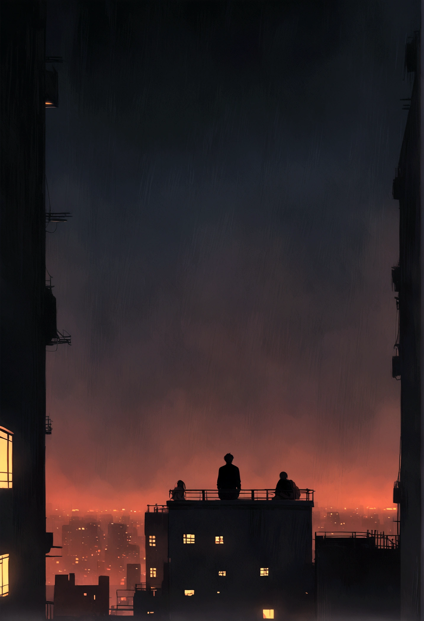 Man standing on top of building at night, beautiful, very sad, Very lonely