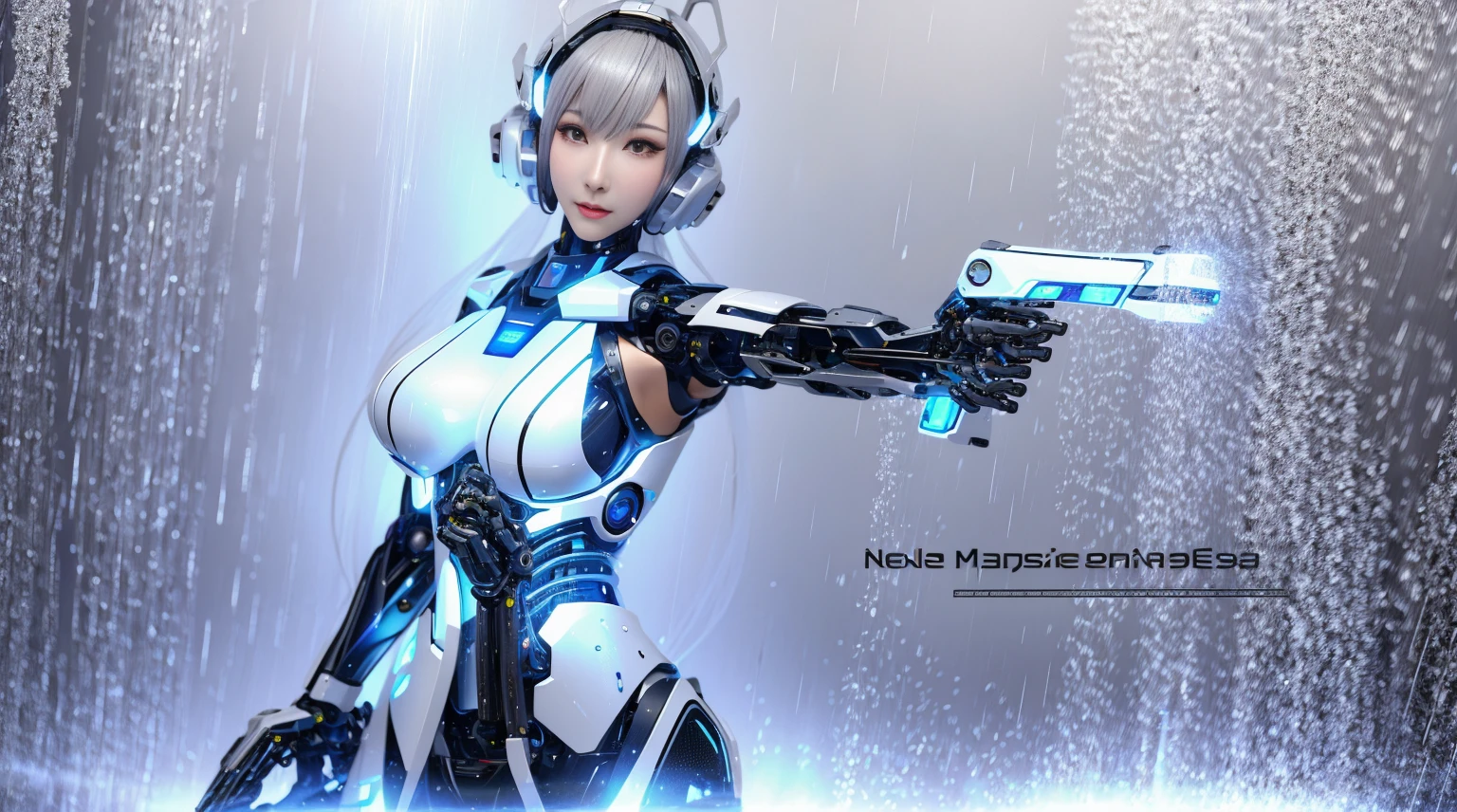 Outstanding，Super Detail, High Detail, high quality, best quality, High resolution，1 female robot，Beautiful female robot,beautiful clear face(Rain waves_haneame：1.5),Mechanical body(Smooth metal surface，armor，Mechanical seams of skin，beautiful body curves)，High-tech mechanical armor(silver gray and black，Mechanical Technology，Highlight breast contour)