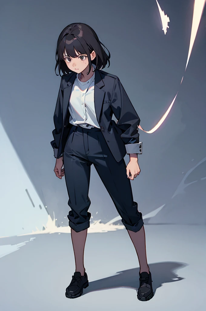 1.Black Hair.30 years old.woman.self-employed.Tired face.Hunchback.whole body.Standing posture.suit.shirt.