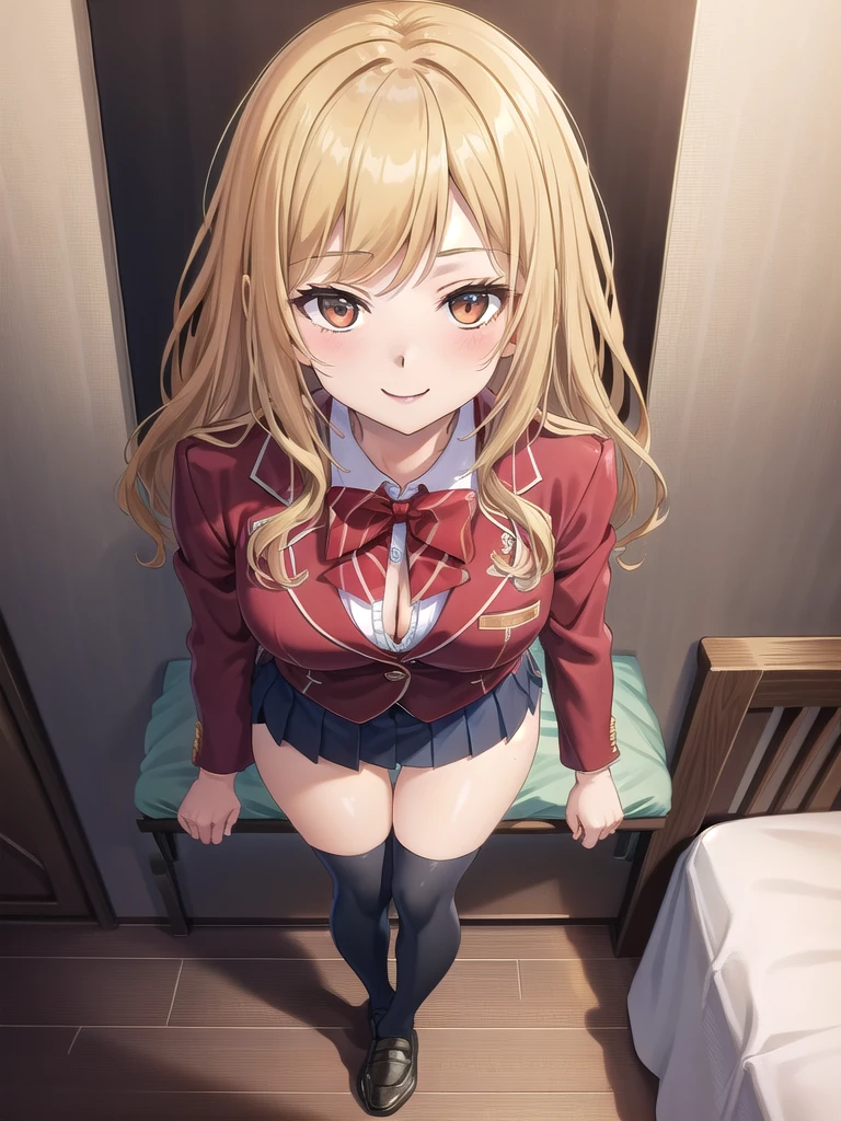 ((porn)),(nude body),official art,extremely delicate and beautiful,extremely detailed CG,unity 8k wallpaper,ultra detailed,beautiful detailed eyes,extremely detailed face,on the bed,1girl,solo,full body,(portrait:1.5),looking at viewer,facing viewer,smile,Kuhouin Arisa,long wavy blond hair,sleep position,lure,Spread your legs and wait.,sidelocks,parted bangs,brown eyes,female underwear,blazer,wing collar,red bowtie,whi,long sleeves,large breasts,buttons,miniskirt,black thighhighs,loafers,black footwear,Big breasts,nude,Get naked,see breasts,obscene,fullbody