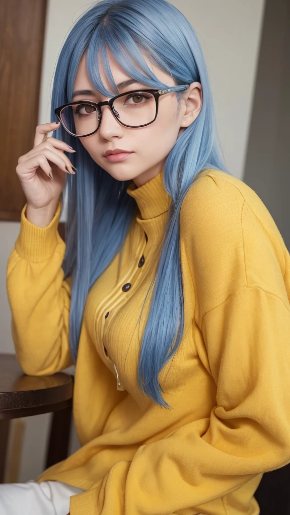 a woman with glasses, blue hair, light brown eyes and white skin wearing a yellow long-sleeved blouse