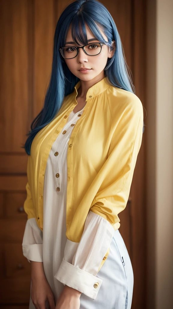 a woman with glasses, blue hair, light brown eyes and white skin wearing a yellow long-sleeved blouse