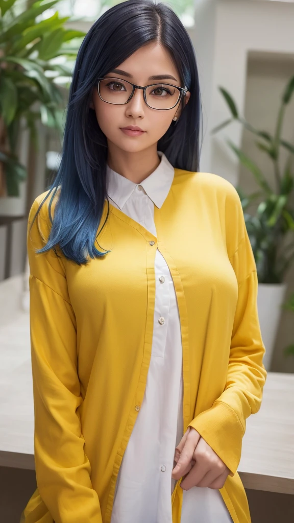 a woman with glasses, blue hair, light brown eyes and white skin wearing a yellow long-sleeved blouse