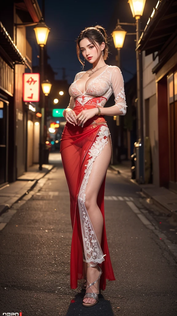 1girl, extremely beautiful, fit body, ultra skin details, perfect face anatomy, brown wavy ponytail hair, perfect eyes, full makeups, red lipstick, necklace, earings, bracelets, Sundanese traditional clothing, (very tight transparent lace kebaya), cleavage, high heels, (full body portrait:1.5), transparent lace panties, ((night)), at the middle of city street, from below, backlights, posing in the middle, symmetrical pose, epic lights details, ray tracing, octane rendering, awards winning photography,