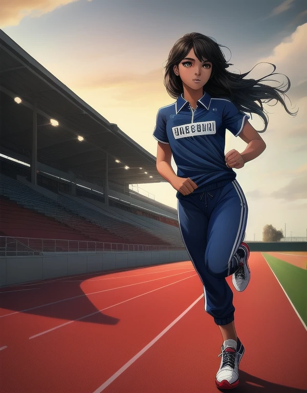 ((Masterpiece)), ((Best Quality)), (Detailed face:1.2), (Detailed eyes:1.2), (Detailed pupils:1.2), Ultra High Resolution, HDR, absurderes, 8K, intricate details, ultra-detailed, dramatic lighting, (solo, 1 girl:1.02), 16 years old girl, Teenage female, African-American female, dark skin, long black hair, (brown eyes:1.2), (Wearing: dark blue track uniform and grey jogging shoes:1.2), (Athletic figure:1.2), gorgeous girl, gorgeous body, daytime, cloudy skies, outside on track field,