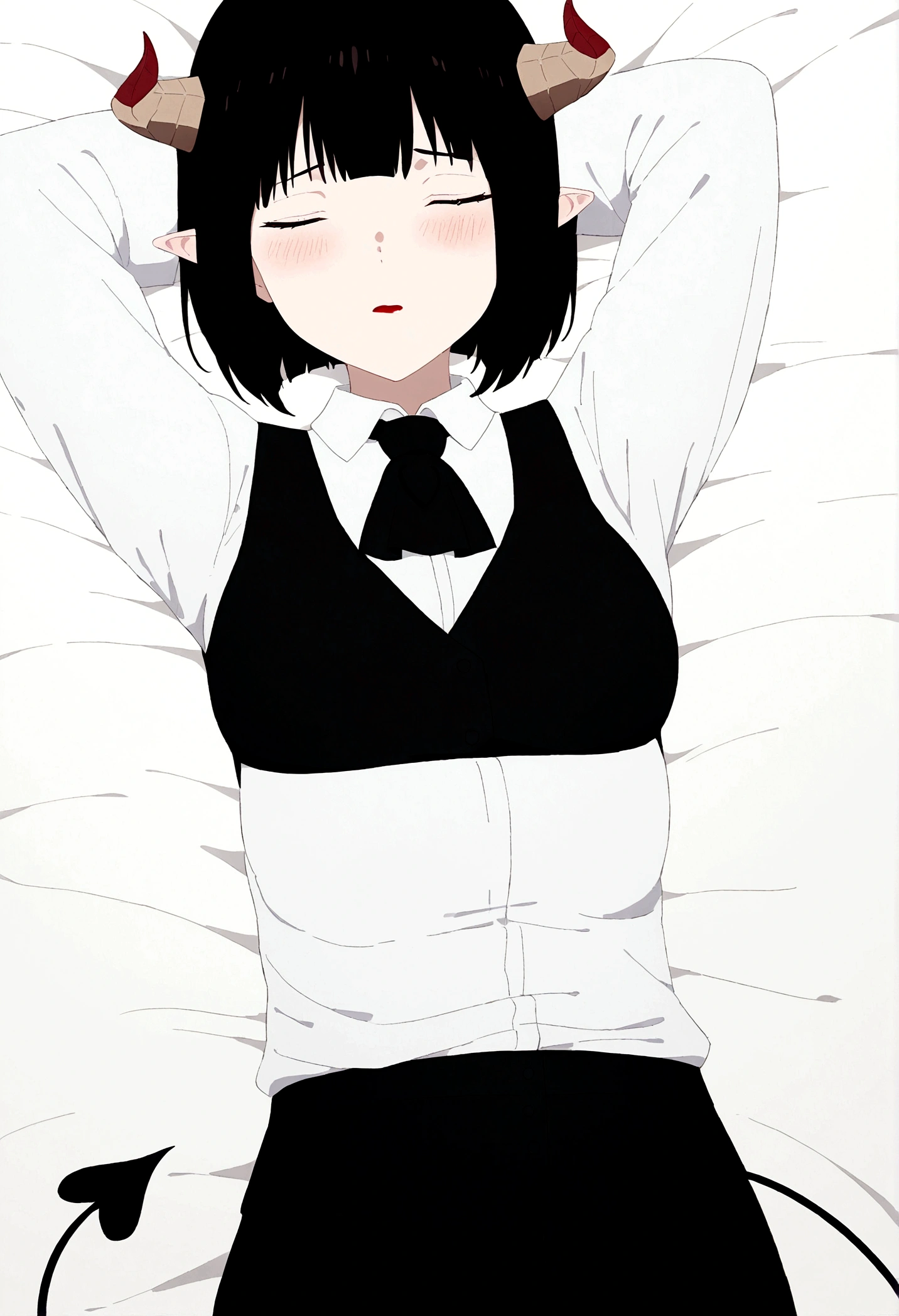 brunette skin,work of art, best qualityer, high resolution, 1girl horns short hair demon tail, white shirt black ascot black gloves black pants black vest lying on your back, sheet, ,blushed,face red,Hands behind the head,tired,sleeping,eyes locked
