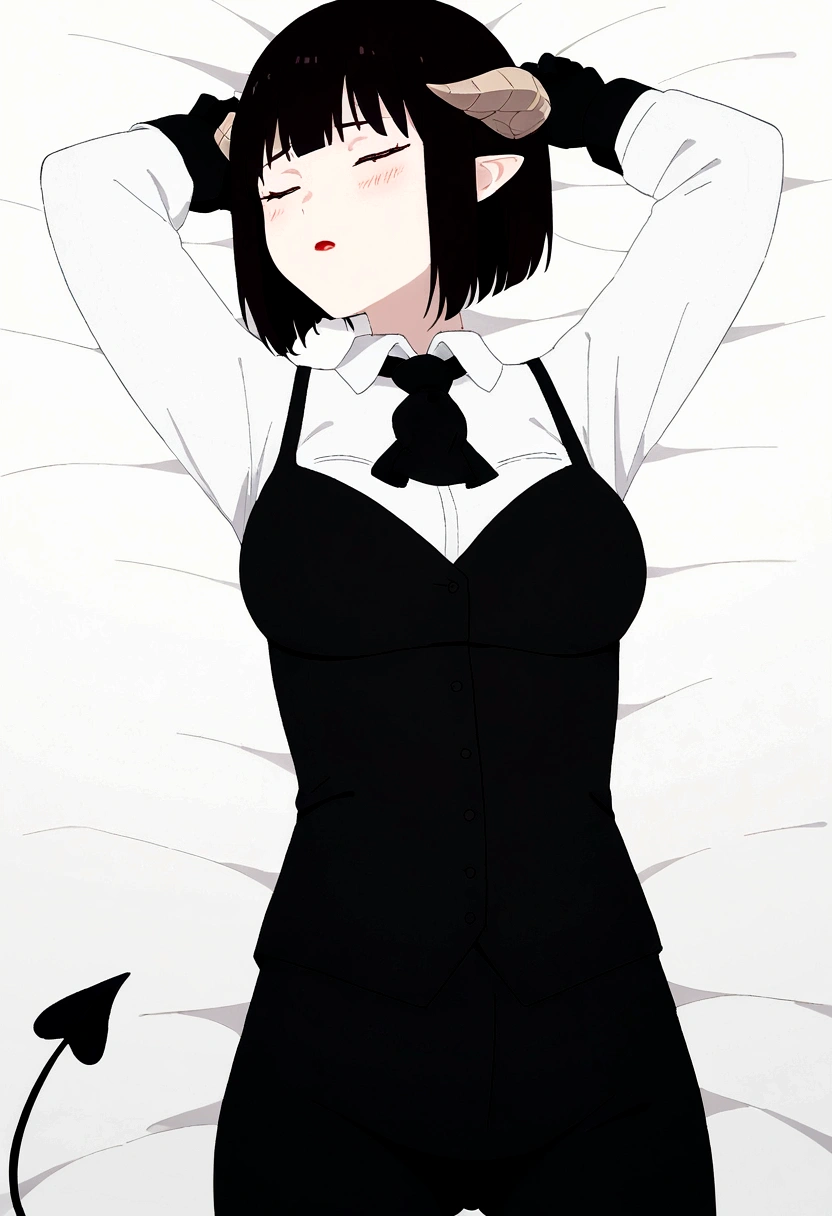 brunette skin,work of art, best qualityer, high resolution, 1girl horns short hair demon tail, white shirt black ascot black gloves black pants black vest lying on your back, sheet, ,blushed,face red,Hands behind the head,tired,sleeping,eyes locked
