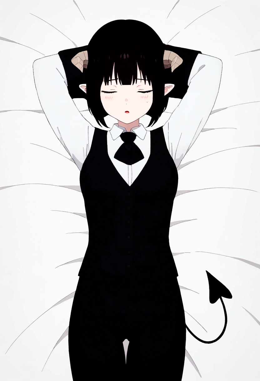 brunette skin,work of art, best qualityer, high resolution, 1girl horns short hair demon tail, white shirt black ascot black gloves black pants black vest lying on your back, sheet, ,blushed,face red,Hands behind the head,tired,sleeping,eyes locked