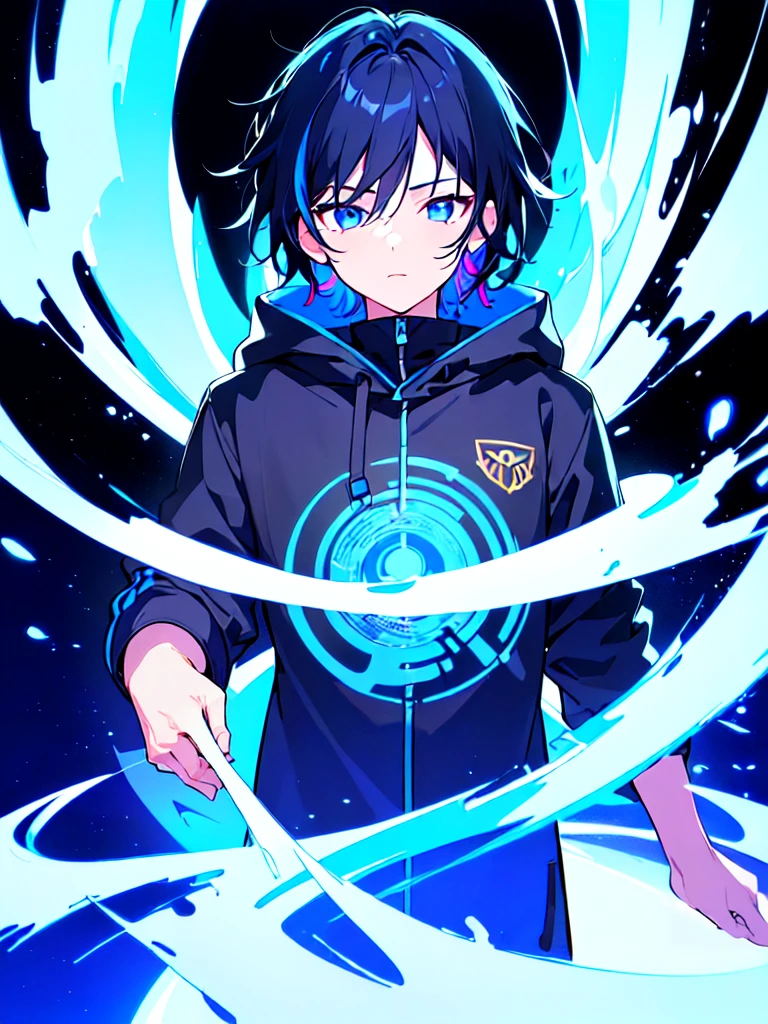 [(BLACK BACKGROUND:1.5),::5], ((((masterpiece)))), high quality, ultra very high resolution, full color, (((solo))), ((little boy)), BLACK hair, (Blue streaked hair), (oriental deepblue eyes), anime, ((upper body)), Summer clothes, neon light, black parka, (negative effect:1.3)