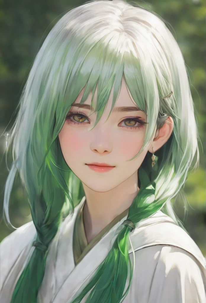 19 years old, female, humanity, white hair with a single group of green hair in front, middle age era, commoner, gentle expression