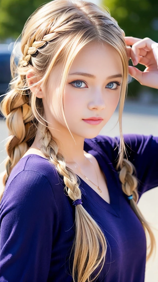 Sexy Big 、Sexy cute looks and cute 15 year old beautiful girl, beautiful and sexy face、A strong wind blows my hair in front of my face、beautiful long blonde French braided hair、beautiful, Cute and sexy eyes hidden behind long bangs、Yawn、