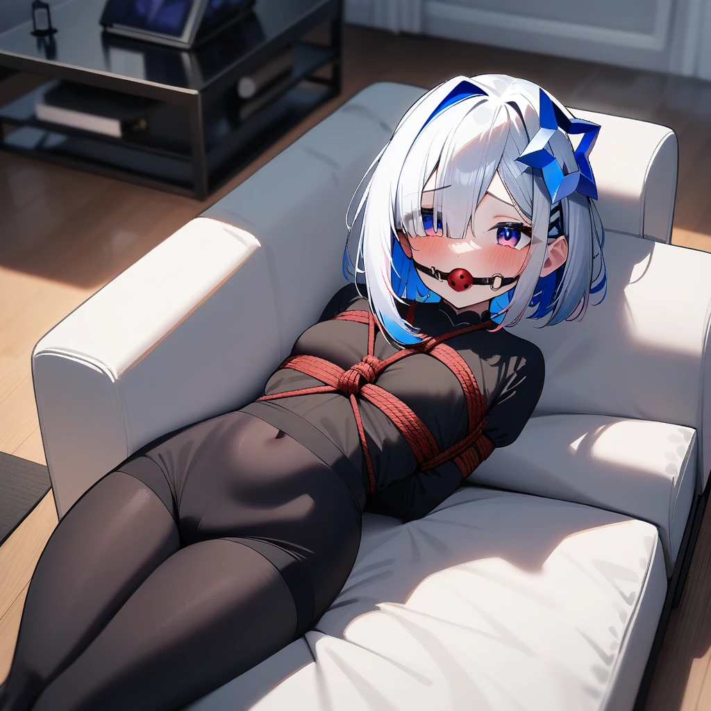 1girl, amane kanata, hololive ,living room,lying on a sofa, bondage,gaged,ballgag,rope,hand behind back,masterpiece,very aesthetic,newest,