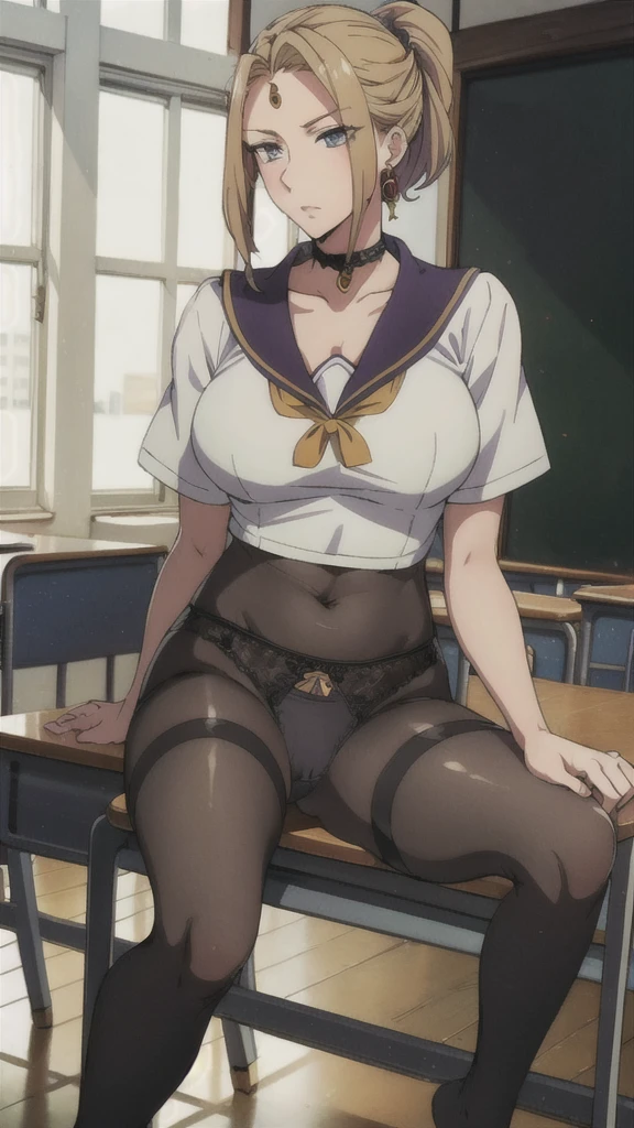 ((Correct Anatomy)),(Female ),((school uniform)),((Sailor suit)),((White lace panties)),(Mini Pleated Skirt),(((black tights))),Ultra-high resolution,Mature Woman, Mature Woman, Very detailed,Sunburned skin,Brown Skin,((Beautiful feet)),(Big Breasts),((Beautiful legs)),Perfect hands, Detailed fingers, Beautiful details, ((Long blonde hair)),((ponytail)),Black Choker, Earrings,loafers,Embarrassing,Perfect Eyes, Captivating eyes,(School)