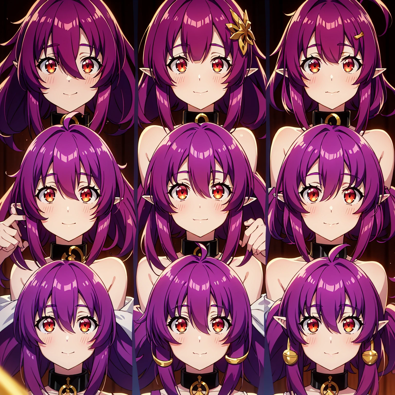 (short:1.4), ((sherry:1.6)), official anime artwork, official artwork, anime moe artstyle, dreamy psychedelic anime, anime wallaper, anime visual of a cute girl, official art, fanart, masterpiece, best quality, high resolution, 8K, 4K, looking at viewer, smile edgYSD, collar, (purple hair:1.4), multiple ahoge, (dark red-gold eyes:1.2), gold eye accent, (hair_ornament:1.4), twin-tails, hair_tie, 1 girl, young female, beautiful nose, beautiful character design, perfect eyes, perfect face, expressive eyes, perfect lighting, shiny skin, nsfw, flushed skin, blushing face, lewd smile, slightly open mouth, gravure, pinup, long thin pointy ears, japanese skin, (solid colors:1.4), lidded eyes, dark red-gold eyes, (sherry)
