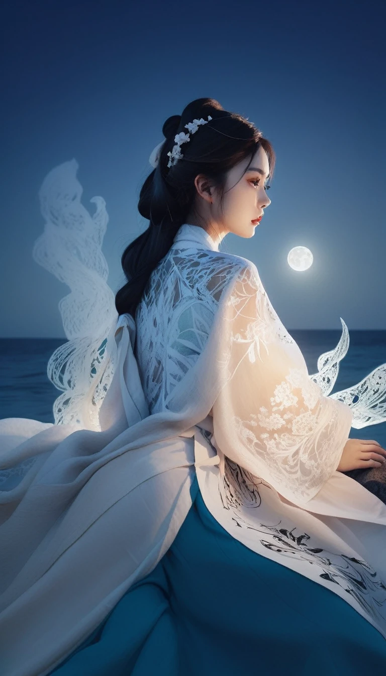 Double Exposure Style, Volumetric Lighting, a girl with Lace blouse,figure four sitting,beach,Traditional Attire,Artistic Calligraphy and Ink,illustration zentangle,at Blue hour,Peaceful, light depth, dramatic atmospheric lighting, Volumetric Lighting, double image ghost effect, image combination, double exposure style
